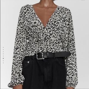 Zara Ecru & Black Pleated Top, Size Medium